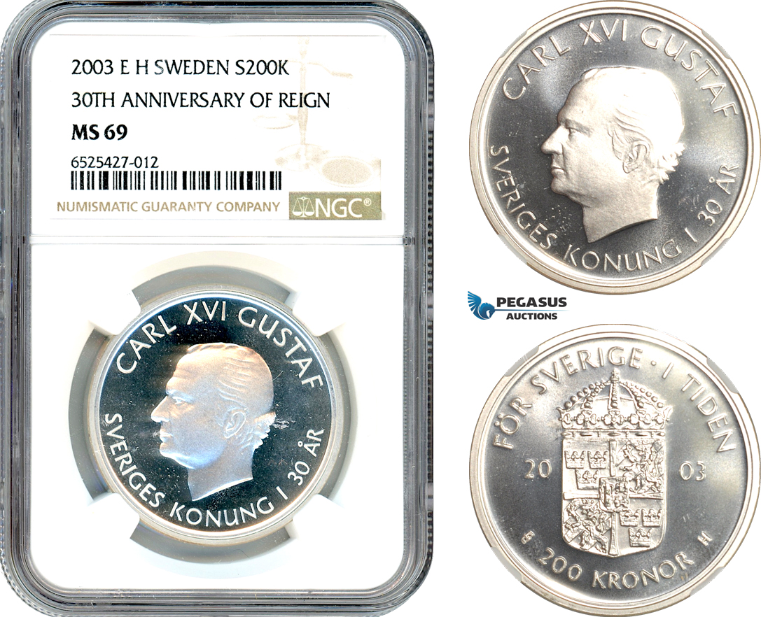 AI312, Sweden, Carl XVI Gustaf, 200 Kronor 2003 EH, 30th Anniversary of Reign, Silver, NGC MS69
