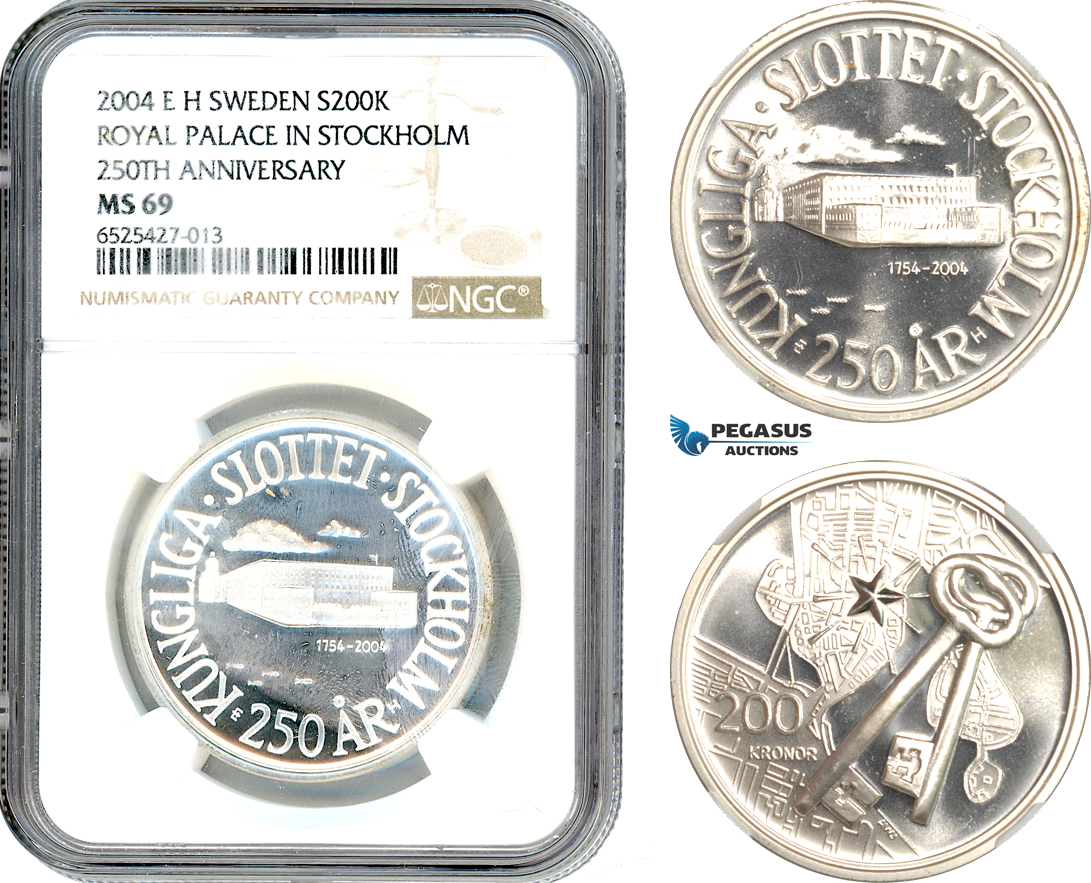 AI313, Sweden, Carl XVI Gustaf, 200 Kronor 2004 EH, Stockholm Royal Palace 250TH Anniversary, Silver, NGC MS69
