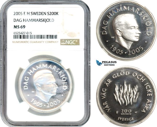 AI315, Sweden, Carl XVI Gustaf, 200 Kronor 2005 EH, Dag Hammarskjöld, Silver, NGC MS69