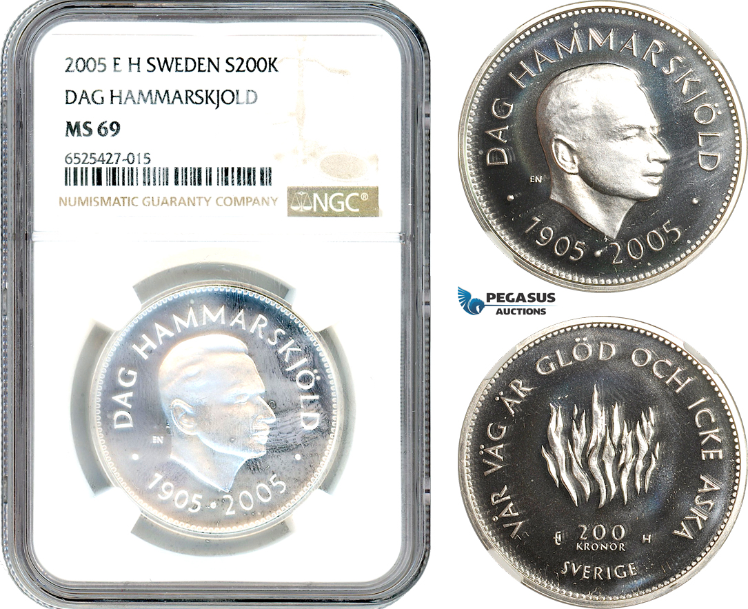 AI315, Sweden, Carl XVI Gustaf, 200 Kronor 2005 EH, Dag Hammarskjöld, Silver, NGC MS69