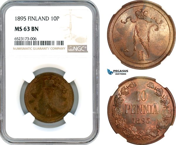AI349, Finland, Nicholas II. of Russia, 10 Penniä 1895, NGC MS63BN
