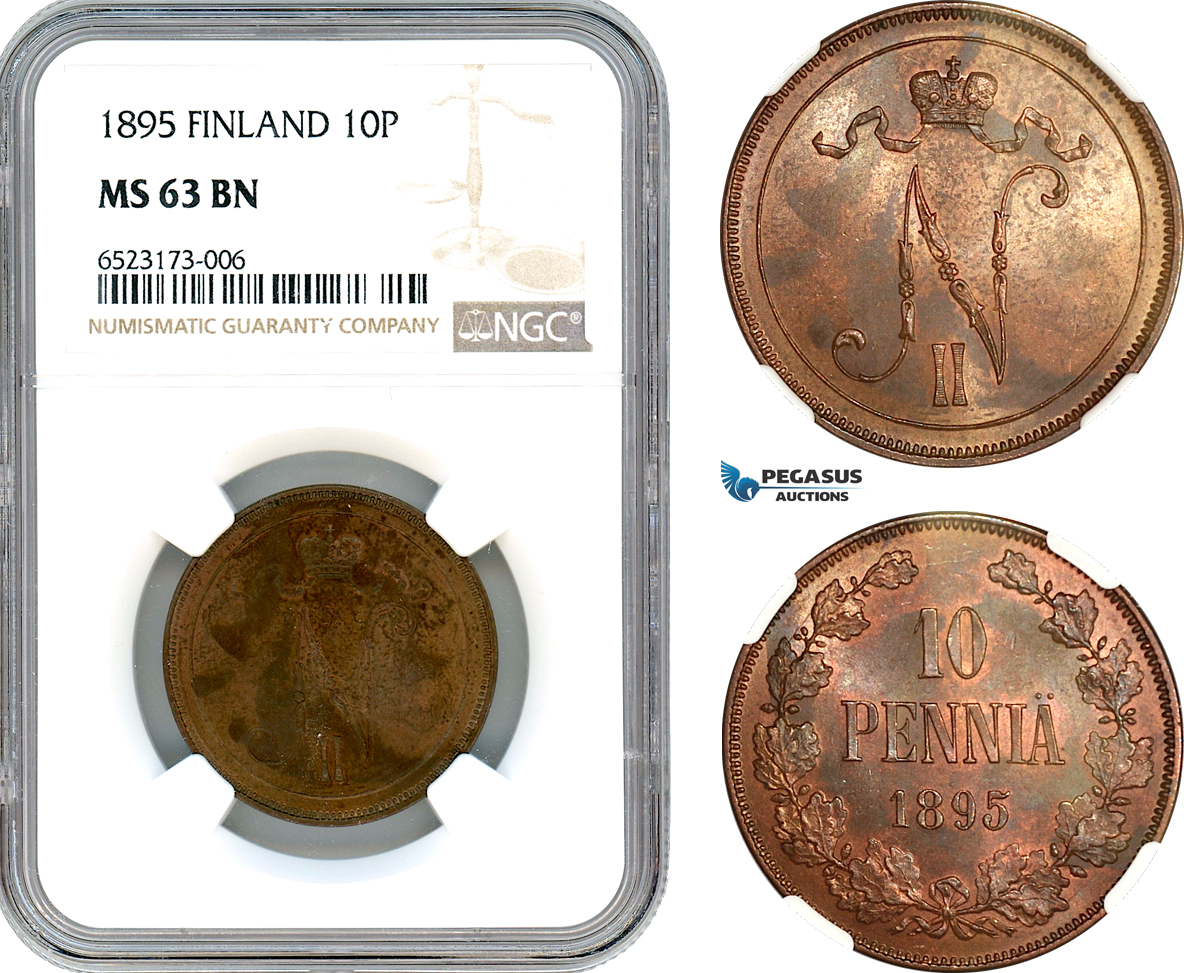 AI349, Finland, Nicholas II. of Russia, 10 Penniä 1895, NGC MS63BN