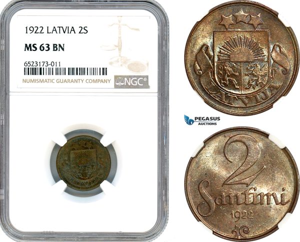 AI355, Latvia, 2 Santimi 1922, Huguenin Mint, NGC MS63BN