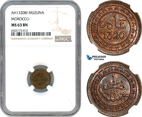 AI358, Morocco, Abd al-Aziz, 1 Muzuna AH1320 BI, Birmingham Mint, NGC MS63BN