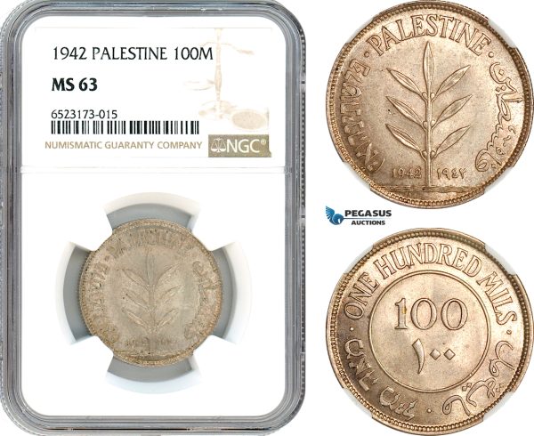 AI359, Palestine, 100 Mils 1942, London Mint, Silver, NGC MS63