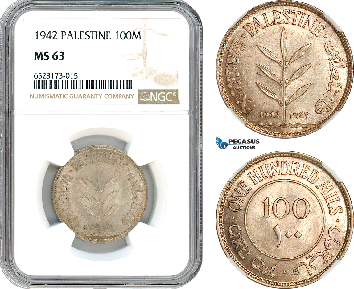 AI359, Palestine, 100 Mils 1942, London Mint, Silver, NGC MS63