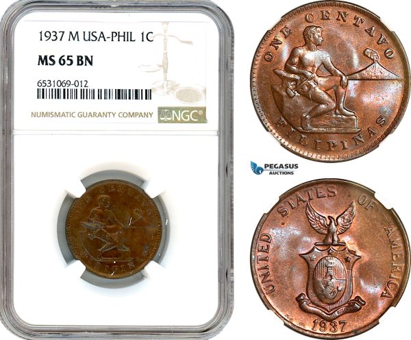 AI362, Philippines (US Administration) 1 Centavo 1937 M, Manila Mint, NGC MS65BN
