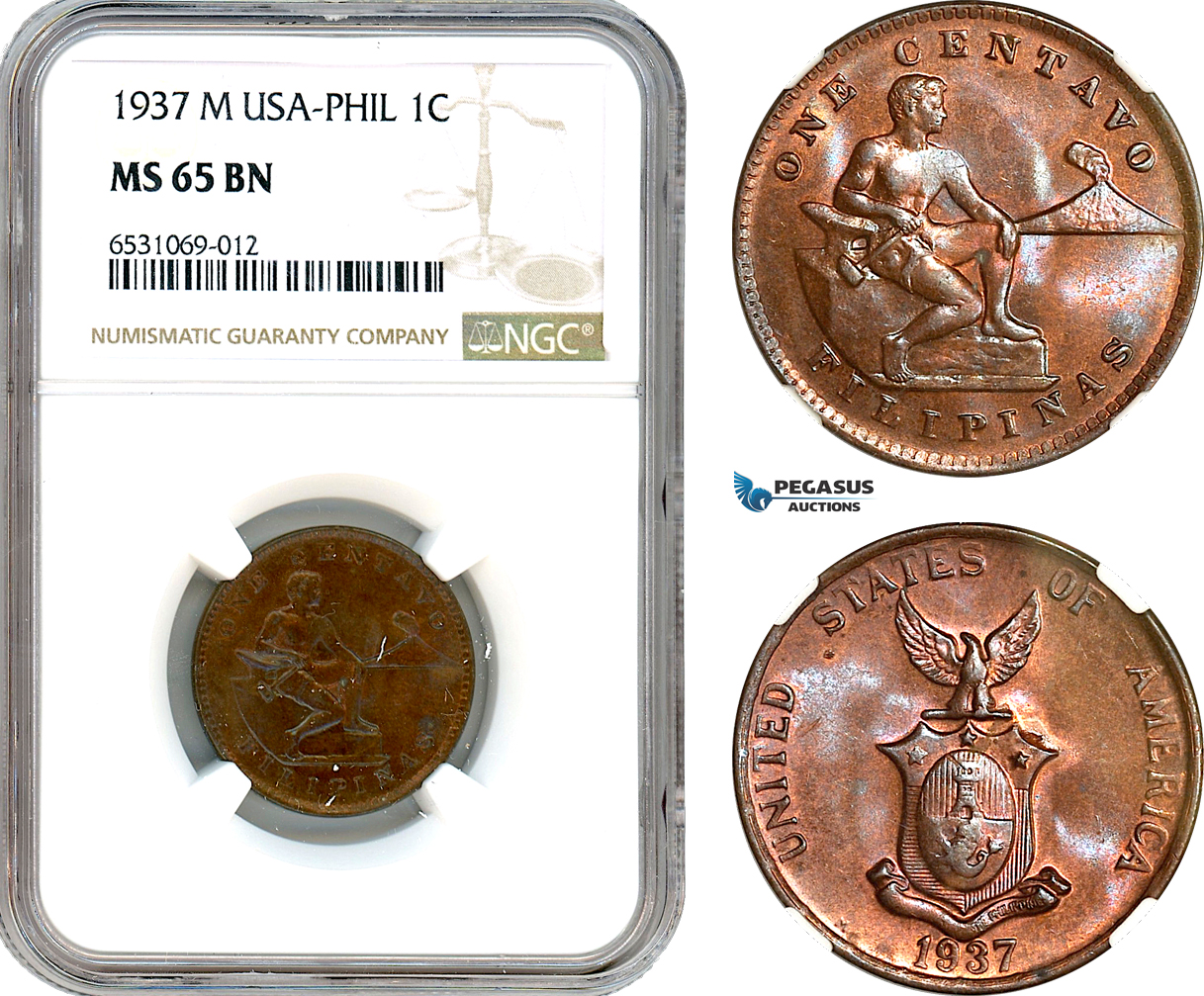 AI362, Philippines (US Administration) 1 Centavo 1937 M, Manila Mint, NGC MS65BN