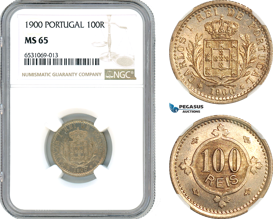 AI363, Portugal, Carlos I, 100 Reis 1900, Lisbon Mint, NGC MS65