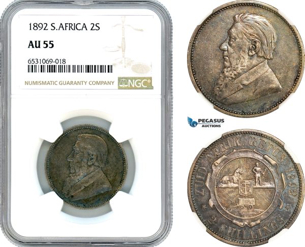 AI370, South Africa (ZAR) 2 Shillings 1892, Berlin Mint, Silver, NGC AU55