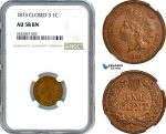 AI375, United States, Indian Cent 1873, Philadelphia, "Closed 3", NGC AU58BN