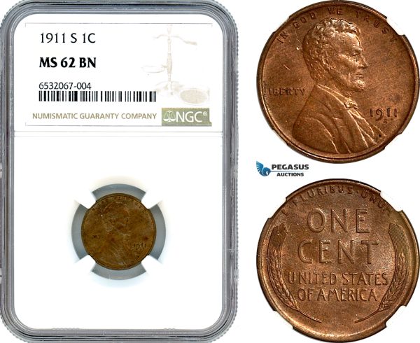 AI376, United States, Lincoln 1 Cent 1911 S, San Francisco Mint,  NGC MS62BN