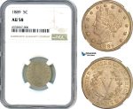 AI378, United States, 5 Cents 1889, Liberty Nickel,  Philadelphia Mint, NGC AU58