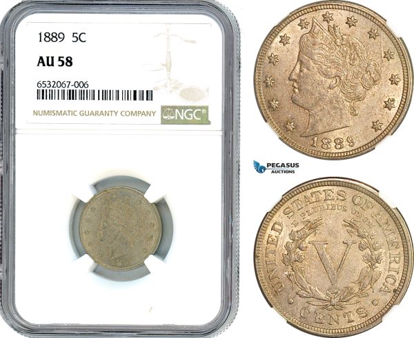 AI378, United States, 5 Cents 1889, Liberty Nickel,  Philadelphia Mint, NGC AU58