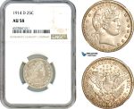 AI383, United States, Barber Quarter (25C.) 1914 D, Denver Mint, Silver, NGC AU58