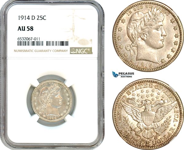 AI383, United States, Barber Quarter (25C.) 1914 D, Denver Mint, Silver, NGC AU58