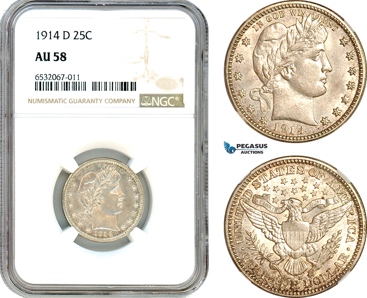 AI383, United States, Barber Quarter (25C.) 1914 D, Denver Mint, Silver, NGC AU58