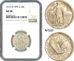 AI385, United States, Liberty Standing Quarter (25C.) 1917 D, Denver Mint, Type 2, Silver, NGC AU58