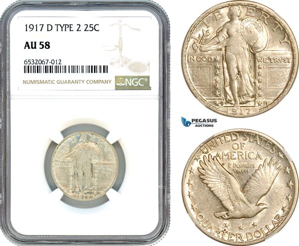 AI385, United States, Liberty Standing Quarter (25C.) 1917 D, Denver Mint, Type 2, Silver, NGC AU58