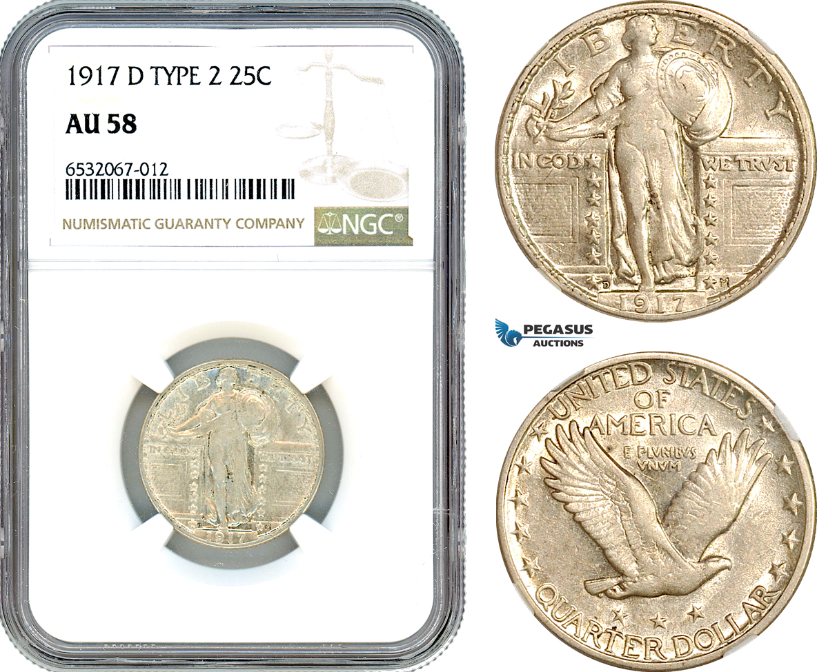AI385, United States, Liberty Standing Quarter (25C.) 1917 D, Denver Mint, Type 2, Silver, NGC AU58