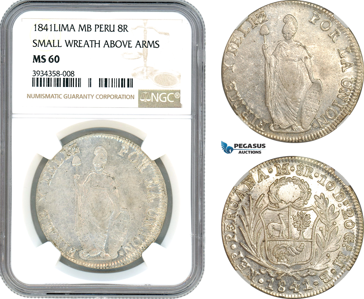 AI397, Peru, 8 Reales 1841 Lima MB, Lima Mint, Small Wreath Above Arms, Silver, NGC MS60