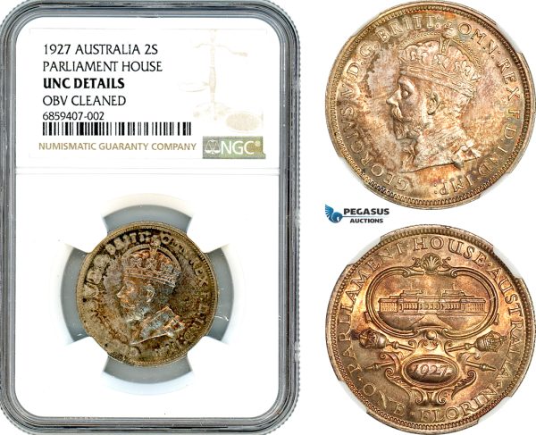 AI404, Australia, George V, 2 Shillings 1927, Parliament House, Silver, NGC UNC Det.