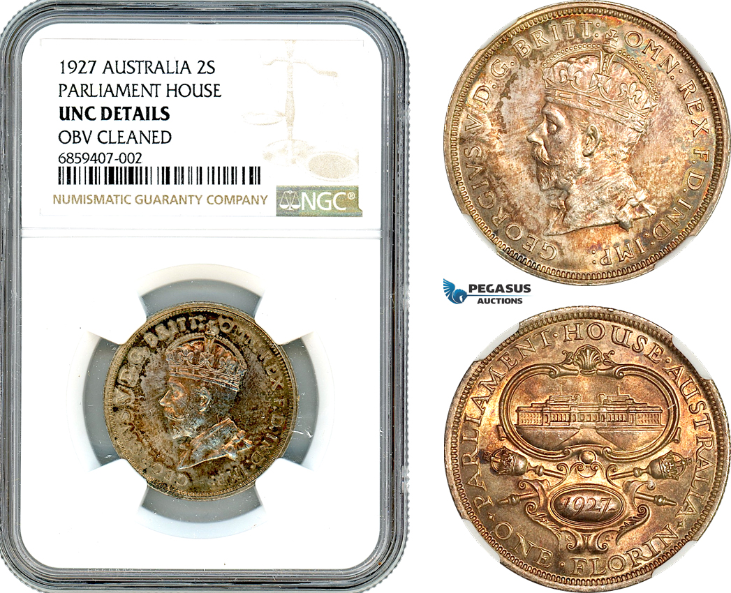 AI404, Australia, George V, 2 Shillings 1927, Parliament House, Silver, NGC UNC Det.