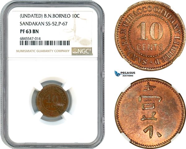 AI417, British North Borneo, 10 Cents ND, Sandakan Tobacco Company, SS-52, P-67, NGC PF63BN