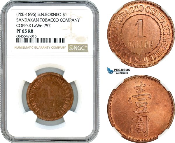 AI419, British North Borneo, 1 Dollar ND, Pre 1896, Sandakan Tobacco Company, LaWe-752, NGC PF65RB, Top Pop! 2/0