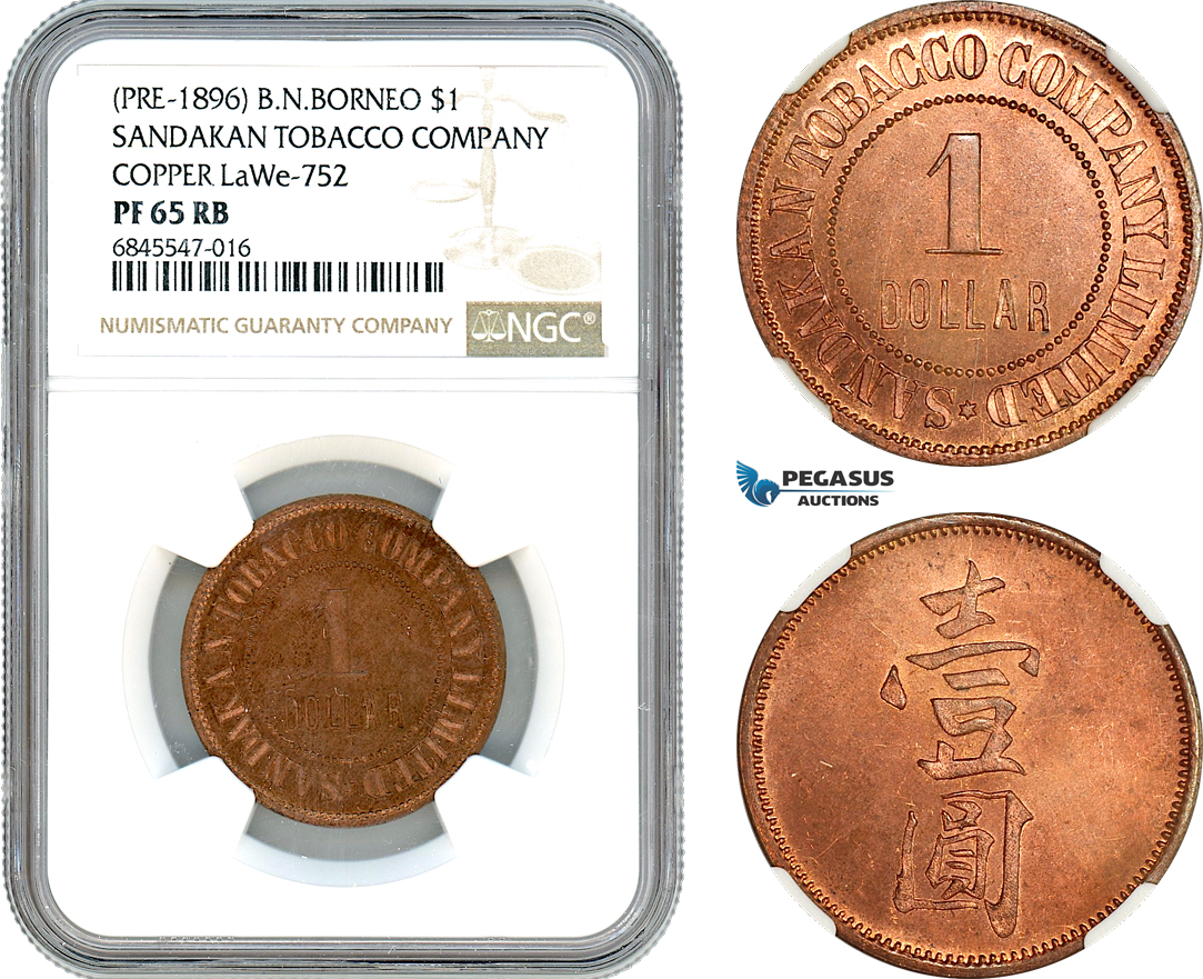 AI419, British North Borneo, 1 Dollar ND, Pre 1896, Sandakan Tobacco Company, LaWe-752, NGC PF65RB, Top Pop! 2/0