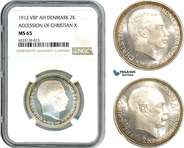 AI430, Denmark, Christian X Accession, 2 Kroner 1912 VBP, Copenhagen Mint, Silver, NGC MS65