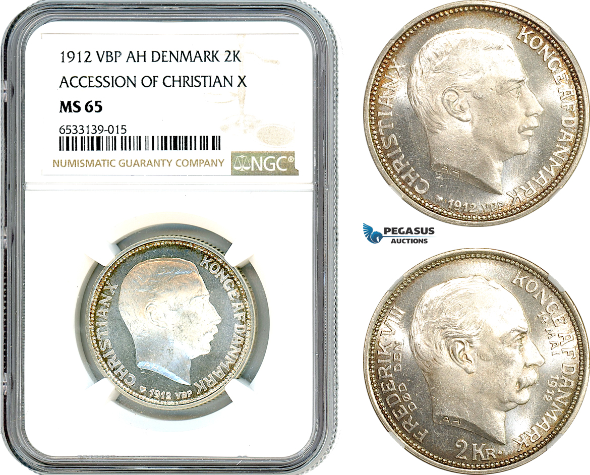 AI430, Denmark, Christian X Accession, 2 Kroner 1912 VBP, Copenhagen Mint, Silver, NGC MS65