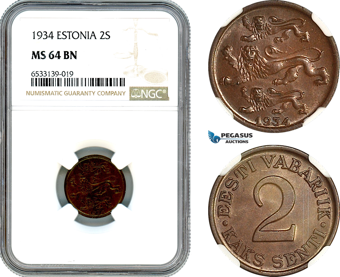 AI431, Estonia, 2 Senti 1934, NGC MS64BN