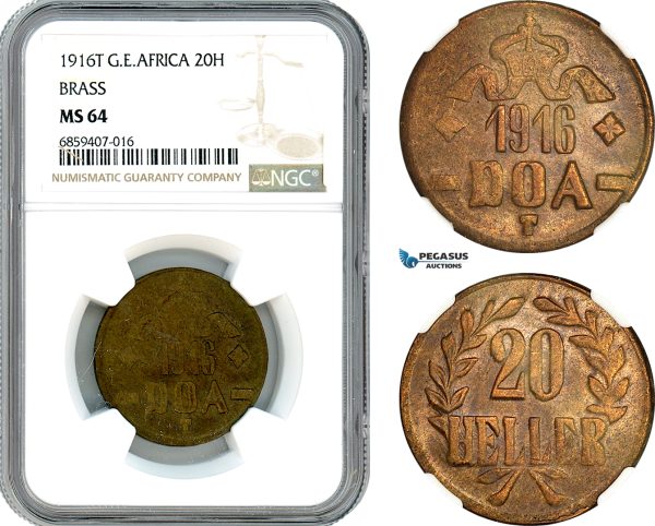 AI438, German East Africa (DOA) 20 Heller 1916 T, Tabora Mint, Brass, NGC MS64