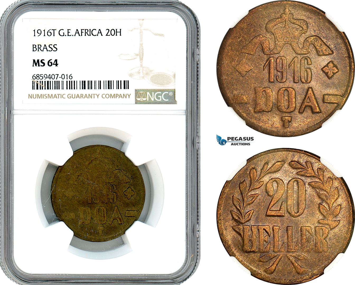 AI438, German East Africa (DOA) 20 Heller 1916 T, Tabora Mint, Brass, NGC MS64