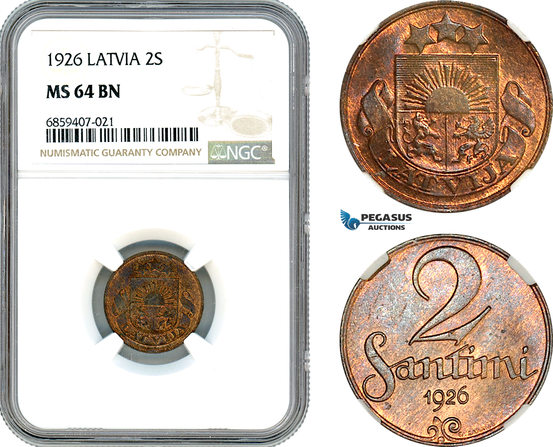 AI443, Latvia, 2 Santimi 1926, NGC MS64BN