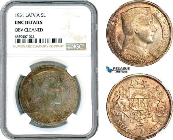 AI444, Latvia, 5 Lati 1931, Silver, NGC UNC Det.