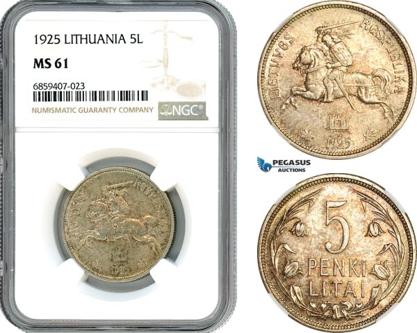 AI445, Lithuania, 5 Litai 1925, Silver, NGC MS61