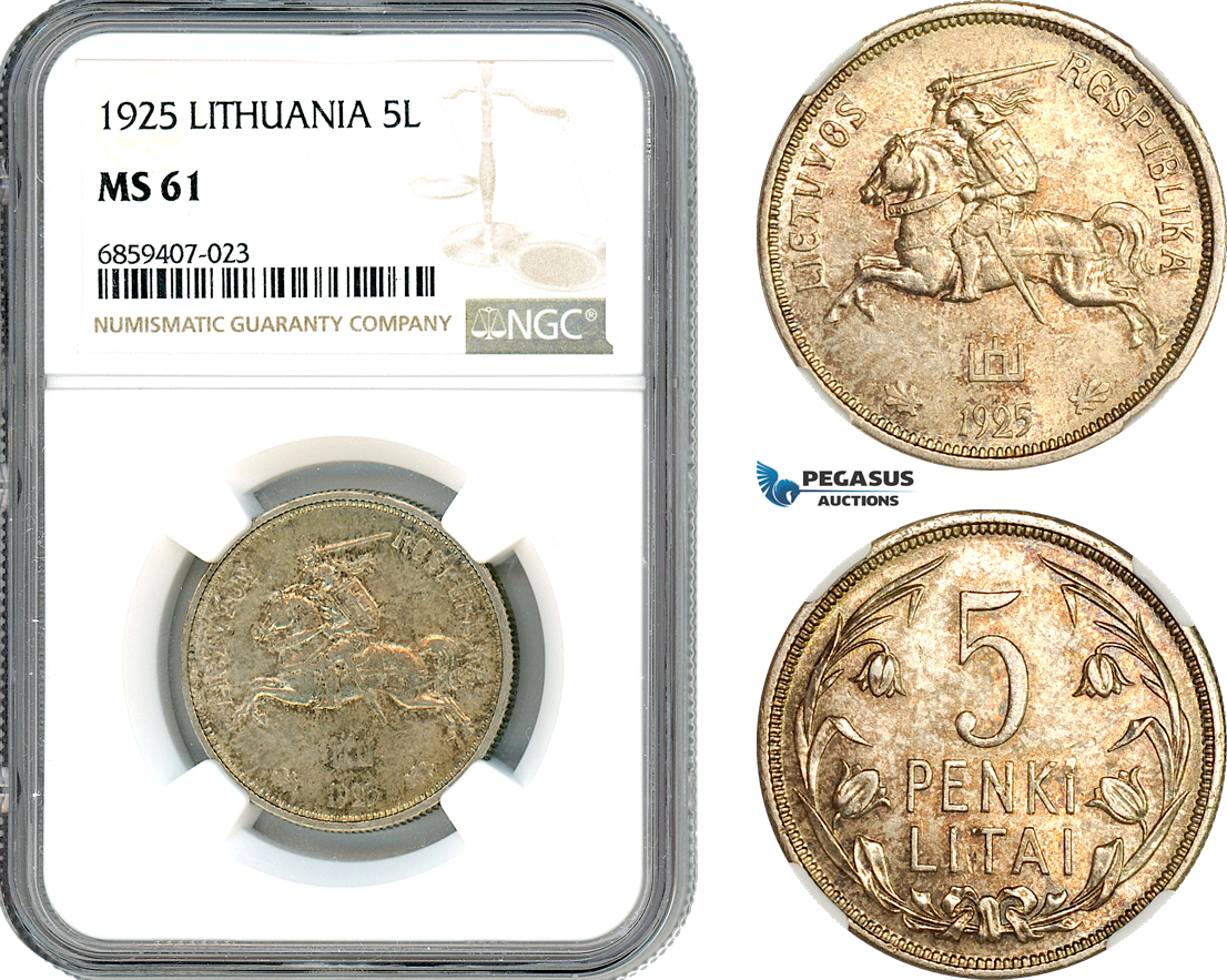 AI445, Lithuania, 5 Litai 1925, Silver, NGC MS61