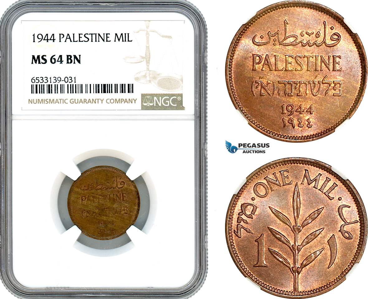 AI449, Palestine, 1 Mil 1944, London Mint, NGC MS64BN
