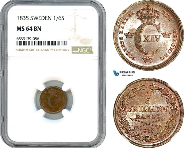 AI475, Sweden, Carl XIV Johan, 1/6 Skilling Banco 1835, NGC MS64BN