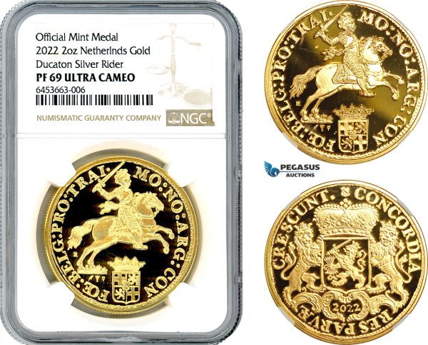 AI481, Netherlands, "Ducaton Restrike" Medal (2 oz) 2022 R, Utrecht Mint, Gold, KM# --, Mintage: 20 pcs, NGC PF69 Ultra Cameo, includes COA+ Original box!