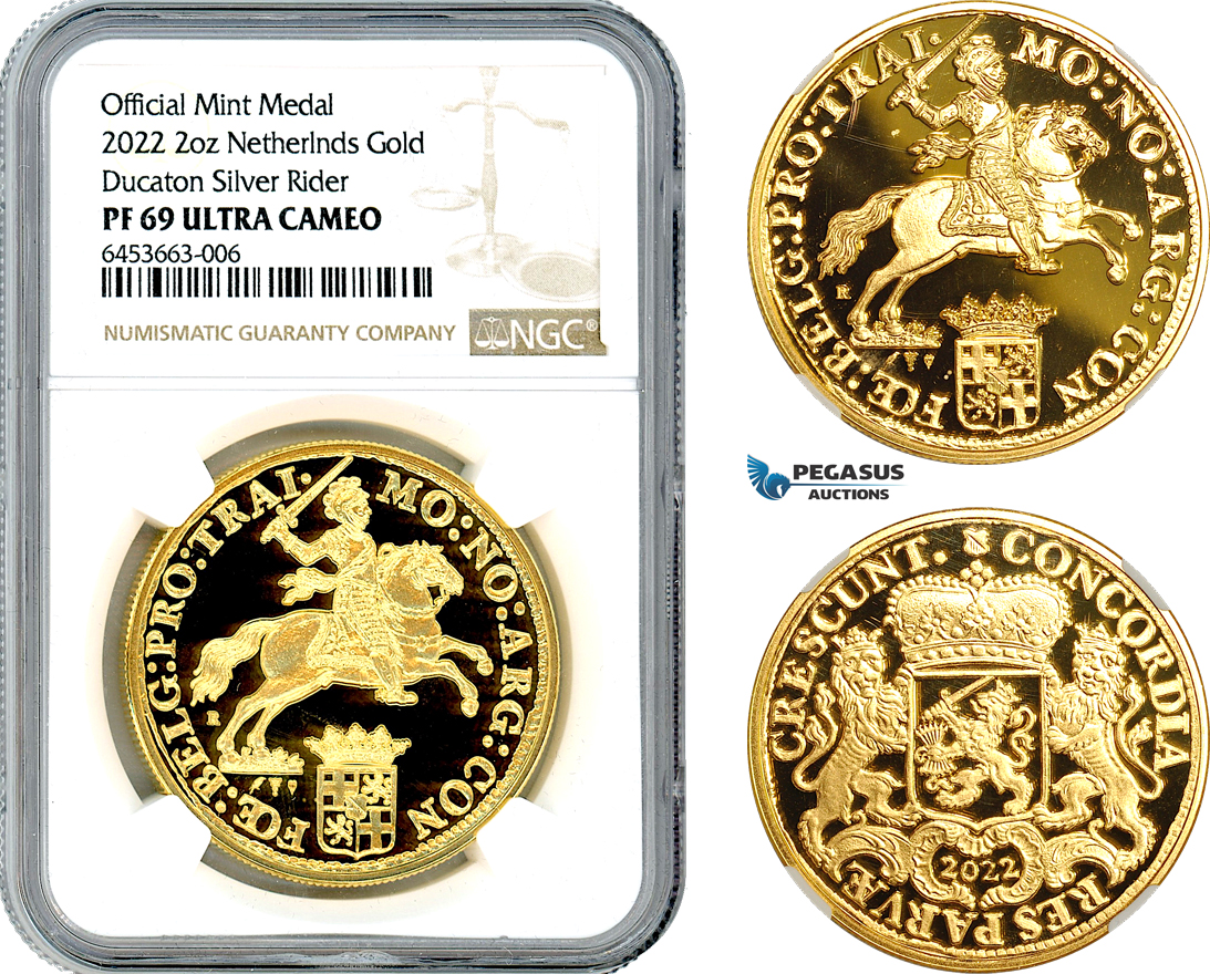 AI481, Netherlands, "Ducaton Restrike" Medal (2 oz) 2022 R, Utrecht Mint, Gold, KM# --, Mintage: 20 pcs, NGC PF69 Ultra Cameo, includes COA+ Original box!