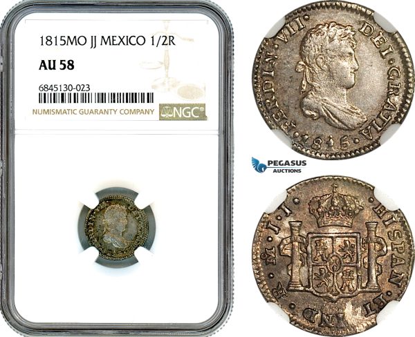 AI507, Mexico, Ferdinand VII, 1/2 Real 1815 Mo JJ, Mexico City Mint, Silver, NGC AU58
