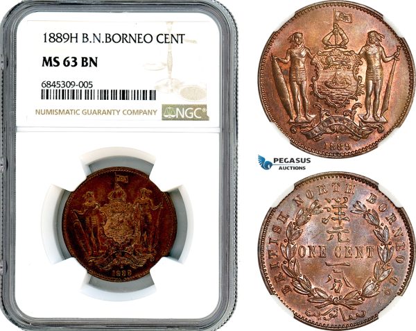 AI513, British North Borneo, 1 Cent 1889 H, Heaton Mint, NGC MS63BN