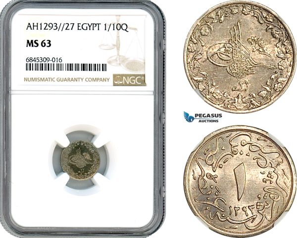 AI521, Egypt (Ottoman Empire) Abdülhamid II, 1/10 Qirsh AH1293//27, NGC MS63