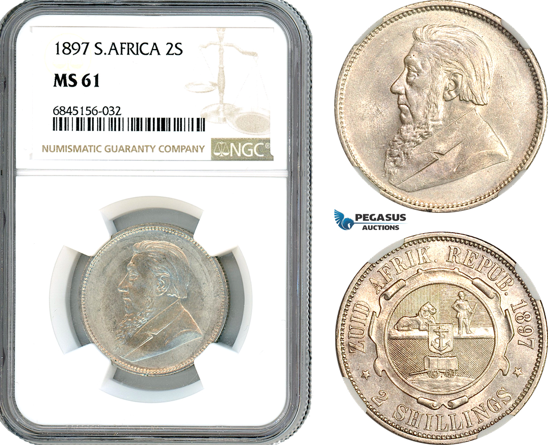 AI534, South Africa (ZAR) 2 Shillings 1897, Pretoria Mint, Silver, NGC MS61