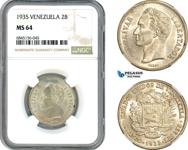 AI536, Venezuela, 2 Bolivares 1935, Philadelphia Mint, Silver, NGC MS64