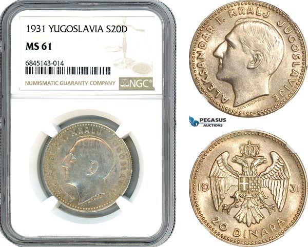 AI537, Yugoslavia, Alexander I, 20 Dinara 1931, Belgrade Mint, Silver, NGC MS61