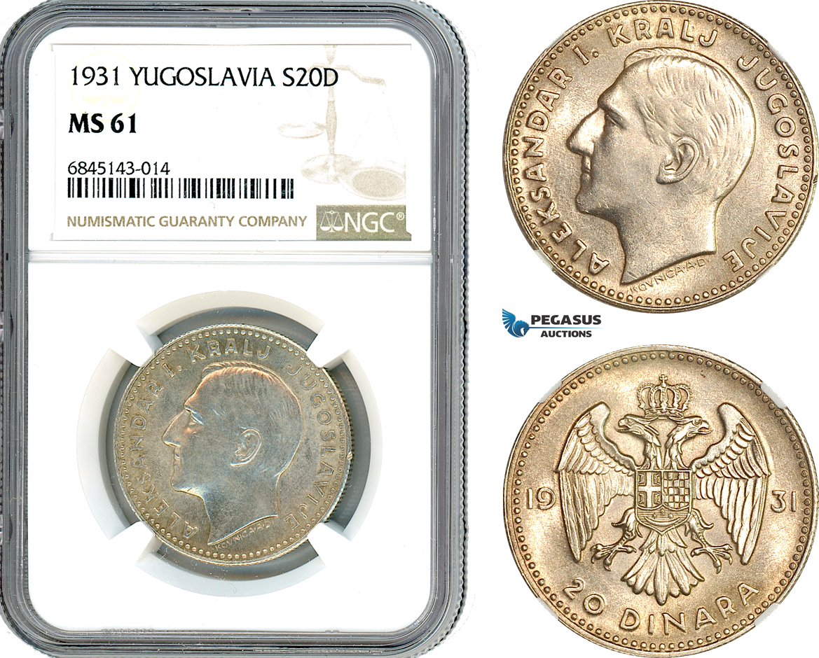 AI537, Yugoslavia, Alexander I, 20 Dinara 1931, Belgrade Mint, Silver, NGC MS61